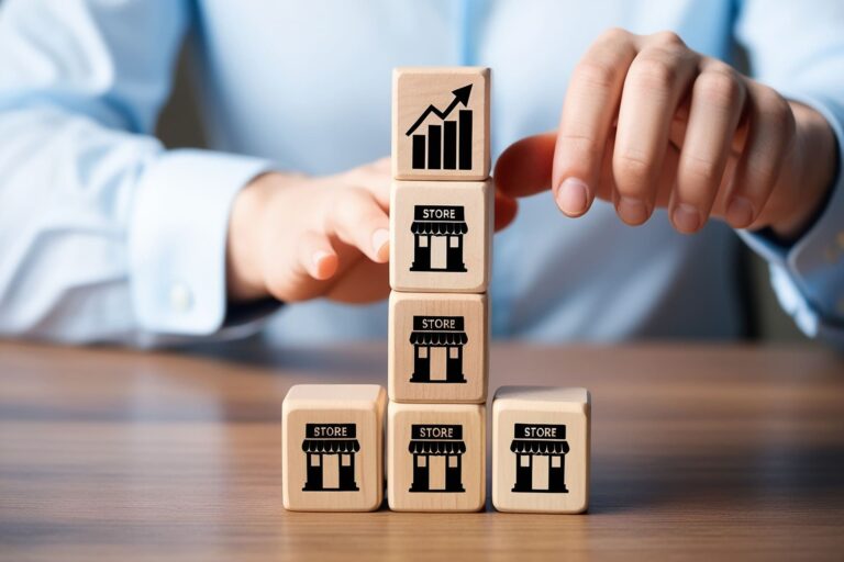 Hands stacking wooden blocks with store and growth chart icons