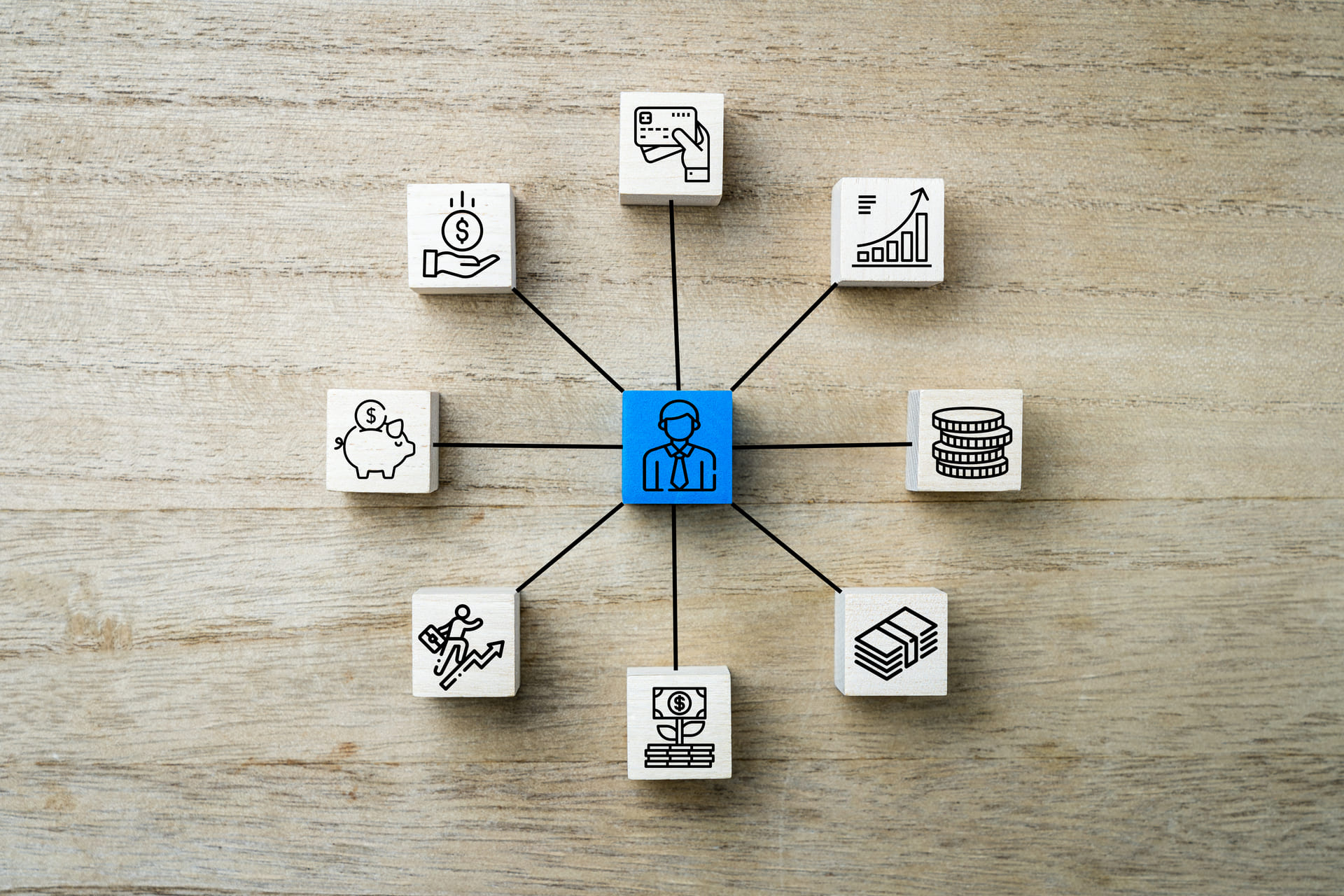 Financial planning icons connected in diagram