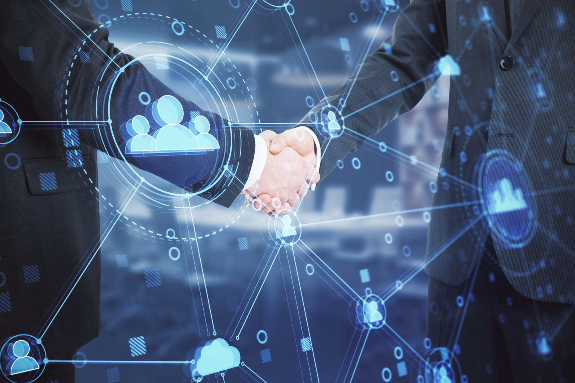 Business handshake with digital networking icons overlay.